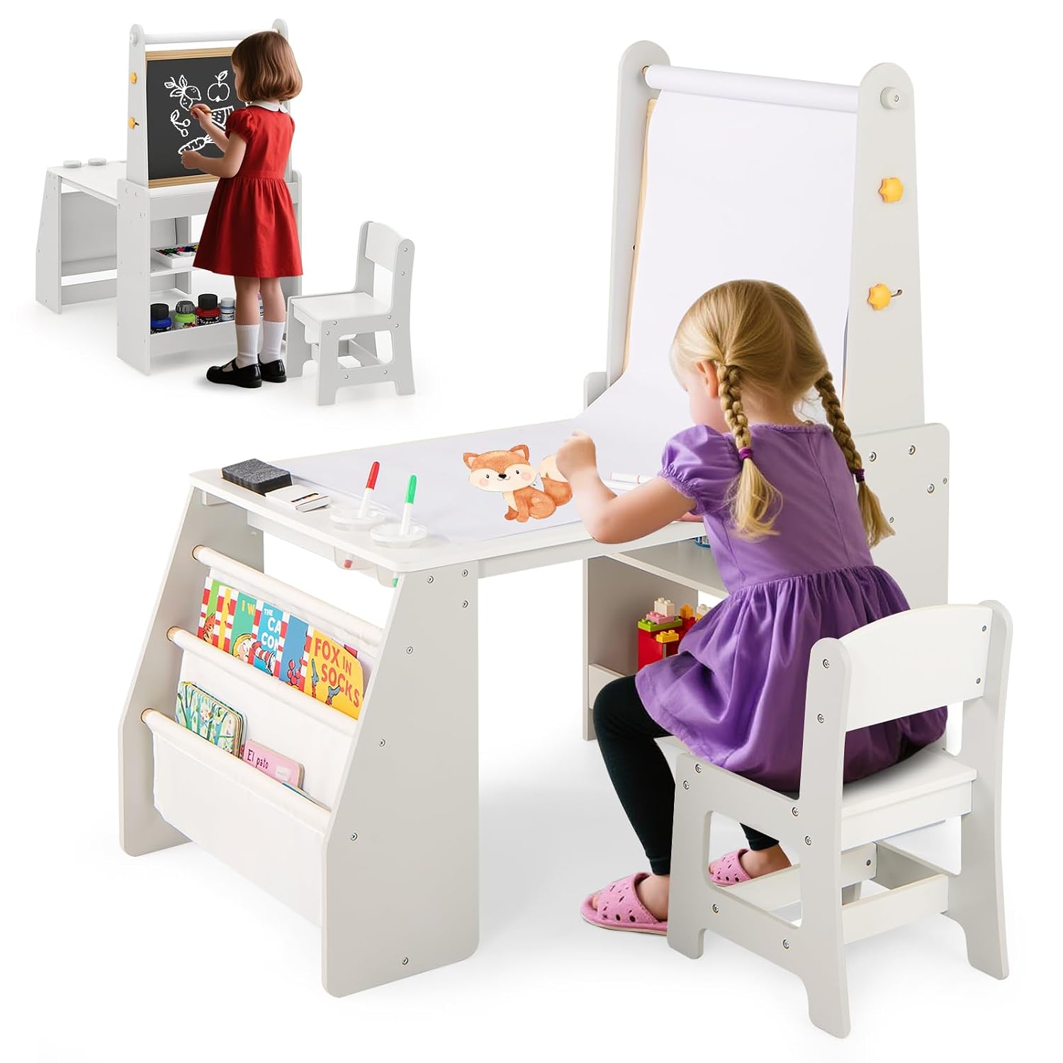 Kids Art Easel - ชุดโต๊ะและเก้าอี้ศิลปะสำหรับเด็ก 4-in-1 ขาตั้งไม้พร้อมกระดานไวท์บอร์ด กระดานดำ ม้วนกระดาษ และชั้นวางของ