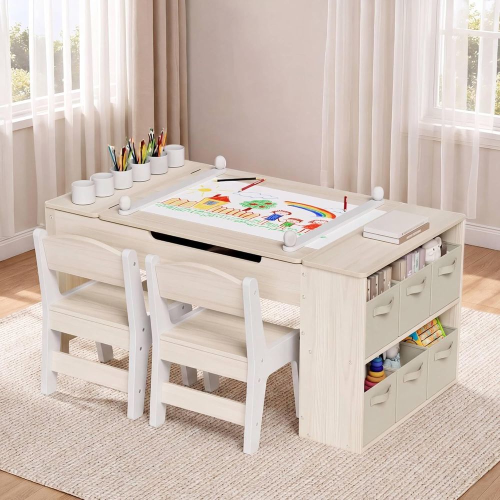 Kids Art Easel - ชุดโต๊ะและเก้าอี้สำหรับเด็ก, โต๊ะวาดภาพสำหรับเด็กเล็กพร้อมขาตั้ง | โต๊ะกิจกรรมไม้แข็งแรงพร้อมท็อปโต๊ะขนาดใหญ่, ถ้วยสี, แผ่นรองที่ถอดออกได้